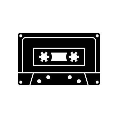 Ses kaydı siluet simgesi. Müzik çalar için retro kompakt veya stereo kasetin siyah basit vektörü. Beyaz arkaplanda izole edilmiş resim içerir