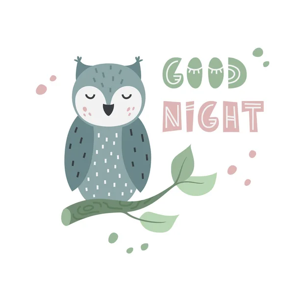 Κουκουβάγια Κοιμισμένο Πουλί Κλαδί Γράμματα Καληνύχτα Χαριτωμένο Παιδιά Εικονογράφηση Ζωγραφισμένο — Διανυσματικό Αρχείο