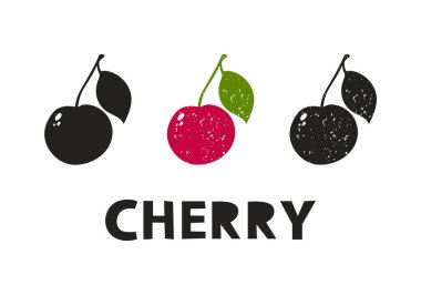 Cherry, silhouette icons set with lettering. Imitation of stamp, print with scuffs. Simple black shape and color vector illustration. Hand drawn isolated elements on white background