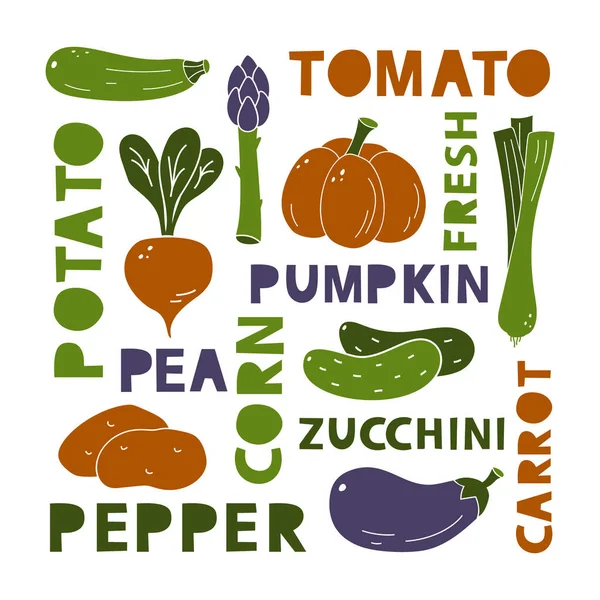 Food Poster Vegetables Lettering Color Silhouette Pumpkin Potato Beet Cucumber — Stockvector