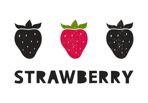 Strawberry Silhouette Icons Set Lettering Imitation Stamp Print Scuffs Simple — Stock Vector