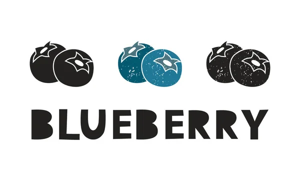 Blueberry Silhouette Icons Set Lettering Imitation Stamp Print Scuffs Simple — стоковый вектор