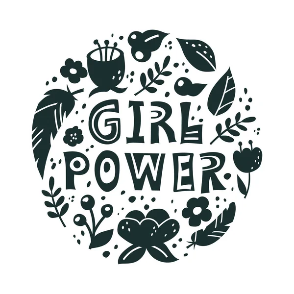 Girl Power Graphic Floral Illustration Silhouette Flowers Leaves Text Isolated — Stock Vector