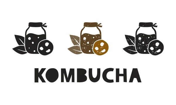 Kombucha Silhouette Icons Set Lettering Imitation Stamp Print Scuffs Jar — 스톡 벡터