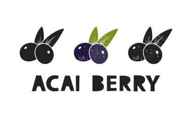 Acai berry, silhouette icons set with lettering. Imitation of stamp, print with scuffs. Simple black shape and color vector illustration. Hand drawn isolated elements on white background
