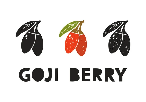 Goji Berry Silhouette Icons Set Lettering Imitation Stamp Print Scuffs — Stockvector