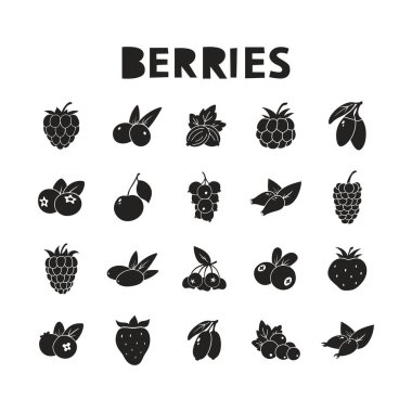 Berries, black silhouette icons set. Vector illustration of strawberry, cherry, raspberry, blueberry, blackberry. Hand drawn isolated pictogram on white background