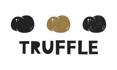 Truffle mushroom, silhouette icons set with lettering. Imitation of stamp, print with scuffs. Simple black shape and color vector illustration. Hand drawn isolated elements on white background