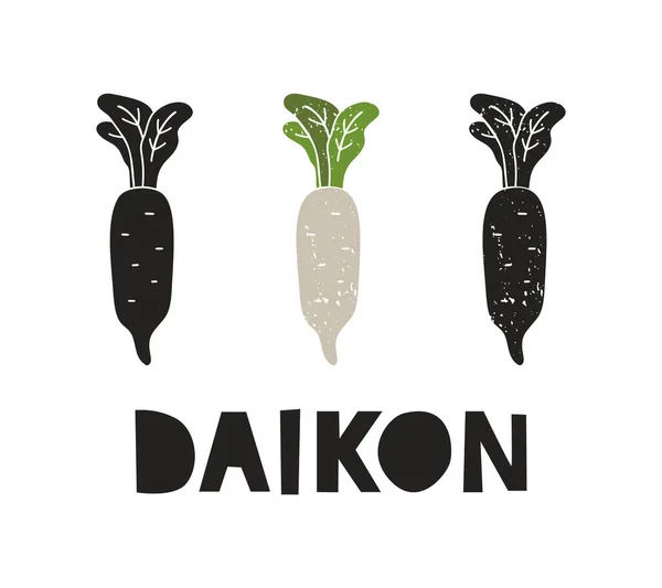 Daikon 轮廓图标设置与字母 仿制邮票 印上刻痕 简单的黑色形状和彩色矢量插图 白色背景上手工绘制的孤立元素 — 图库矢量图片