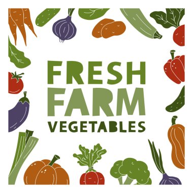 Fresh farm vegetables. Square template for food poster, banner, print with copy space. Color silhouette lettering, elements in clipping mask. Vector hand drawn illustration on white background