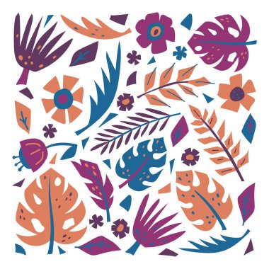 Floral square hand drawn illustration. Vector botanic poster, print, travel postcard. Abstract tropical flowers, palm leaves on white background. Flat isolated elements set. Pink, blue, beige colors