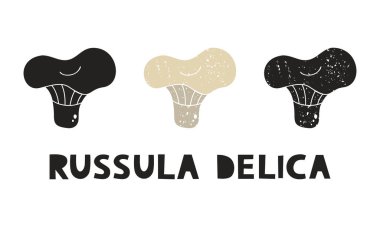 Russula delica mushroom or milk white brittlegill, silhouette icons set with lettering. Imitation of stamp, print with scuffs. Black shape and color vector illustration. Hand drawn isolated elements