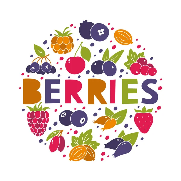 Berries, bright round illustration. Color silhouette elements with hand drawn text. Blueberry, blackberry, cranberry, lingonberry, currant, gooseberry, goji. Contour vector icons on white background