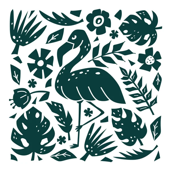 フラミンゴ シルエットのモノクロポスター 黒の四角形の手イラストを描いた 熱帯鳥 ヤシの葉 白い背景の花 フラットベクトル絶縁体 切断技術の模倣 — ストックベクタ