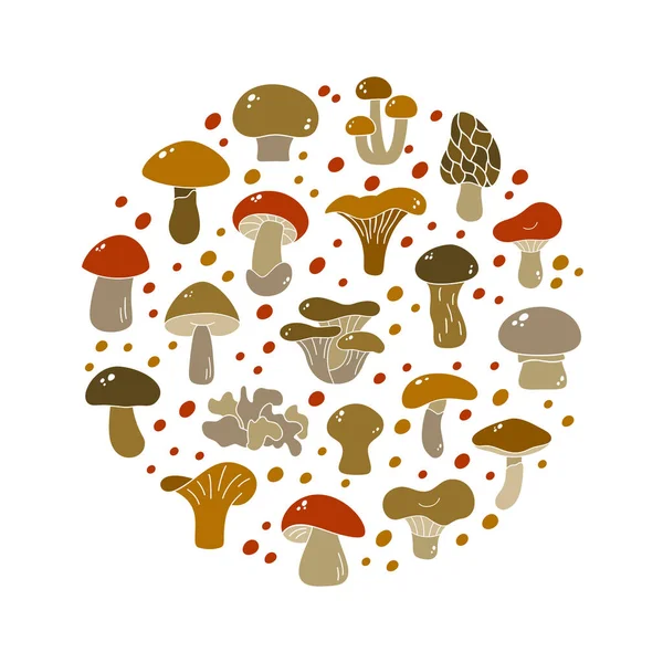 Funghi Commestibili Del Fumetto Illustrazione Rotonda Marrone Elementi Silhouette Colore — Vettoriale Stock