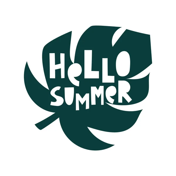 Lettering Hello Summer Black Monstera Leaf Botanical Element Cut Out — Stock Vector