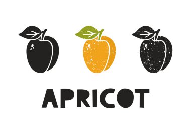 Kayısı, siluet simgeler ve harfler. Pul taklidi, sürtünme izleri. Basit siyah şekil ve renk vektörü çizimi. Beyaz arkaplanda elle çizilmiş izole ögeler