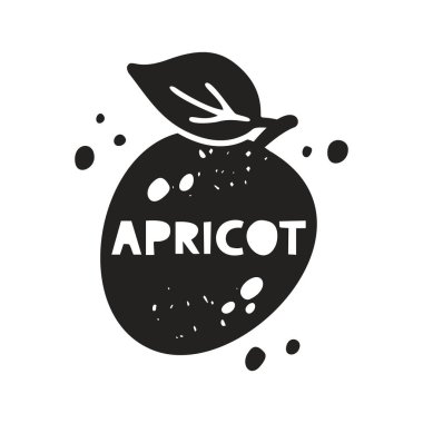 Kayısı grunge çıkartması. İçinde harfler olan siyah doku silueti. Pul taklidi, sürtünme izleri. Beyaz arkaplanda el çizimi izole illüstrasyon