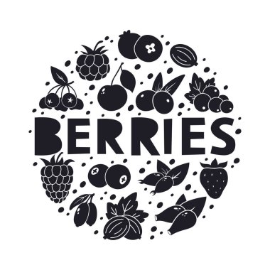 Elle çizilmiş metinli grafiksel böğürtlen elementleri. Tek renkli yuvarlak çizim. Siyah siluet simgeler, izole harfler. Yabanmersini, böğürtlen, kızılcık, yaban mersini, kuşüzümü. Contour vektör baskısı