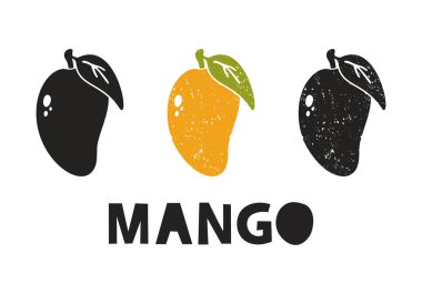 Mango, siluet simgeleri harflerle ayarlanmış. Pul taklidi, sürtünme izleri. Basit siyah şekil ve renk vektörü çizimi. Beyaz arkaplanda elle çizilmiş izole ögeler