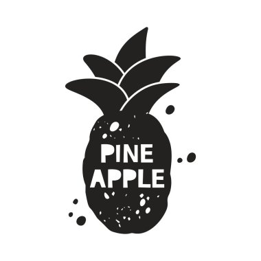 Ananas grunge çıkartması. İçinde harfler olan siyah doku silueti. Pul taklidi, sürtünme izleri. Beyaz arkaplanda el çizimi izole illüstrasyon