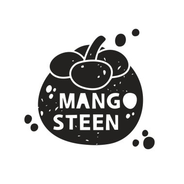 Mangosteen grunge çıkartması. İçinde harfler olan siyah doku silueti. Pul taklidi, sürtünme izleri. Beyaz arkaplanda el çizimi izole illüstrasyon