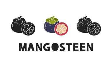 Mangosteen, siluet simgeleri harflerle ayarlandı. Pul taklidi, sürtünme izleri. Basit siyah şekil ve renk vektörü çizimi. Beyaz arkaplanda elle çizilmiş izole ögeler