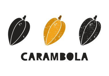 Carambola, siluet simgeleri harflerle ayarlanmış. Pul taklidi, sürtünme izleri. Basit siyah şekil ve renk vektörü çizimi. Beyaz arkaplanda elle çizilmiş izole ögeler