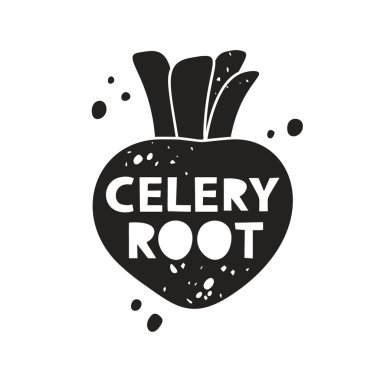 Kereviz kökü grunge çıkartması. İçinde harfler olan siyah doku silueti. Pul taklidi, sürtünme izleri. Beyaz arkaplanda el çizimi izole illüstrasyon