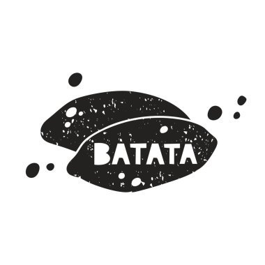 Batata grunge çıkartması. İçinde harfler olan siyah doku silueti. Pul taklidi, sürtünme izleri. Beyaz arkaplanda el çizimi izole illüstrasyon