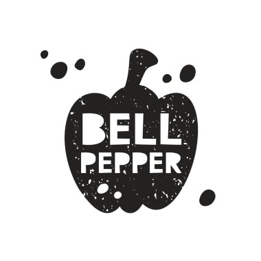 Çan biberi grunge etiketi. İçinde harfler olan siyah doku silueti. Pul taklidi, sürtünme izleri. Beyaz arkaplanda el çizimi izole illüstrasyon