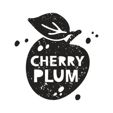 Kirazlı erik grunge çıkartması. İçinde harfler olan siyah doku silueti. Pul taklidi, sürtünme izleri. Beyaz arkaplanda el çizimi izole illüstrasyon