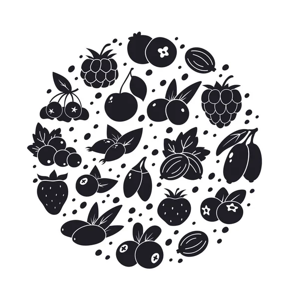 Βατόμουρα Φύλλα Γραφική Στρογγυλή Απεικόνιση Μαύρα Στοιχεία Σιλουέτας Κεράσι Βατόμουρο — Διανυσματικό Αρχείο