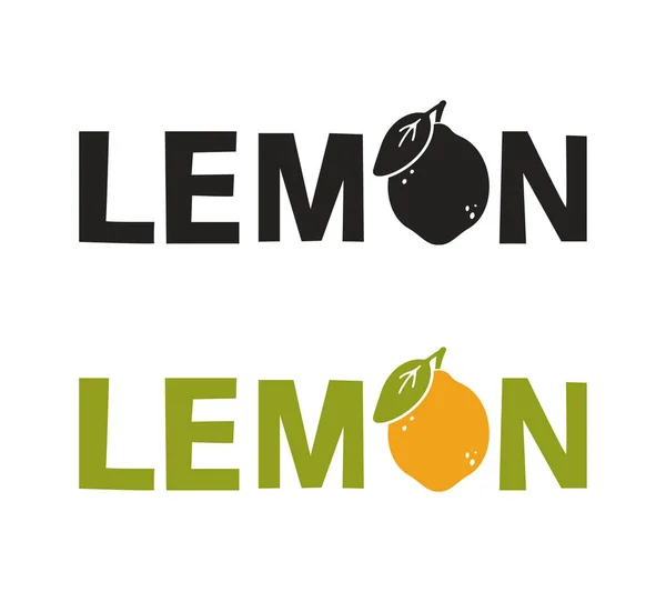 Lemon Lettering Hand Drawn Text Citrus Fruit Simple Black Shape — Stock Vector
