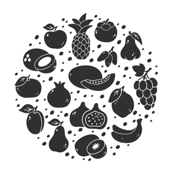Meyveler Grafik Yuvarlak Çizimler Siyah Siluet Elementleri Elma Armut Ananas — Stok Vektör