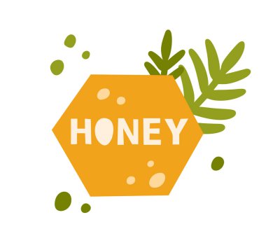 Tatlım, ambalaj tasarımı için renkli düz etiket. El yazısı, bal peteği, yapraklar, soyut damlalar. Beyaz arkaplanda basit illüstrasyon, yazdırma ve amblem izole edildi