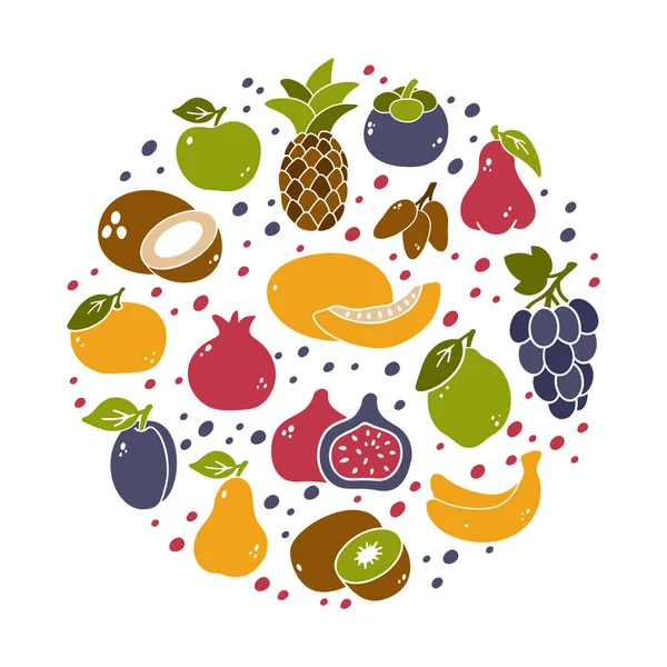Φρούτα Λαμπερή Στρογγυλή Απεικόνιση Χρωματικά Στοιχεία Σιλουέτας Μήλο Αχλάδι Ανανάς — Διανυσματικό Αρχείο