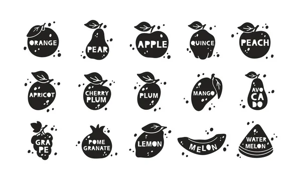 Garden Fruits Silhouette Stickers Set Apple Pear Plum Orange Peach — Stock Vector