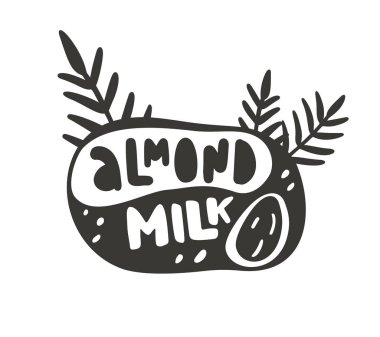 Badem sütü, ambalaj tasarımı için siyah grafik çizimi. Fındıklı, yapraklı el yazması harfler. Siluet çizimi vegan içeceği için etiket, baskı ve amblem olarak kullanılabilir.