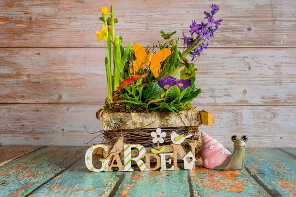 Pretty Arrangement Different Spring Flowers Decoration Wooden Table — Stock Fotó