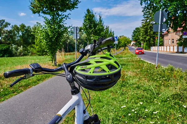 Berlin Germany July 2022 View Modern Bicycle Helmet Hangs Handlebars — стоковое фото