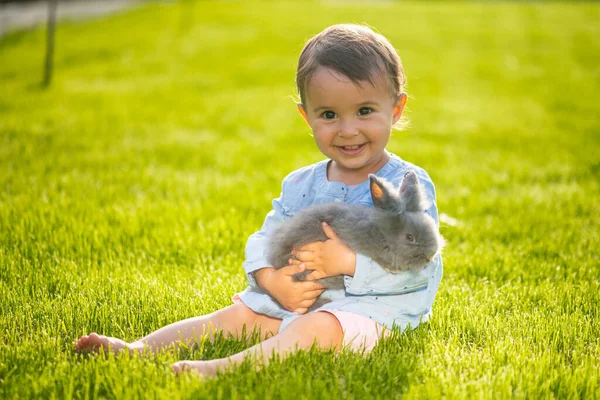 Little Cute Girl Hold Little Brown Rabbit Her Hands While — Stock Photo, Image