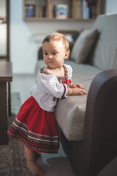 Menina Bonito Vestido Com Traje Popular Romeno Tradicional — Fotografia de Stock