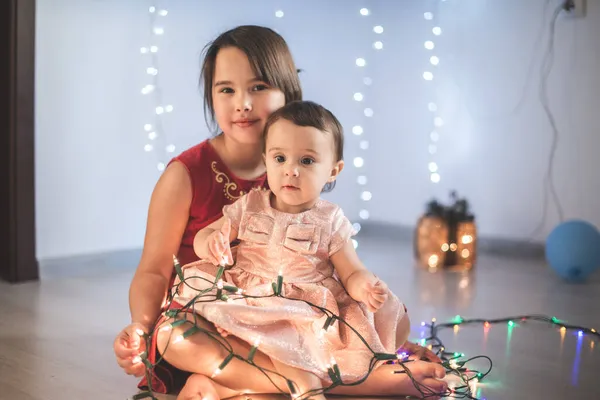 Little Sisters Having Fun Home Chrismass Lights — Stock Photo, Image