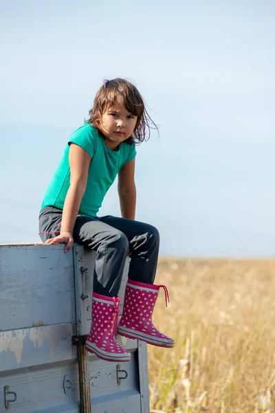 Das Porträt Eines Kleinen Mädchens Das Auf Dem Lkw Sitzt — Stockfoto