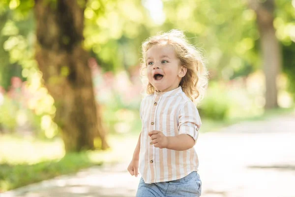 Söt Liten Pojke Med Lockigt Blont Hår Leker Parken — Stockfoto