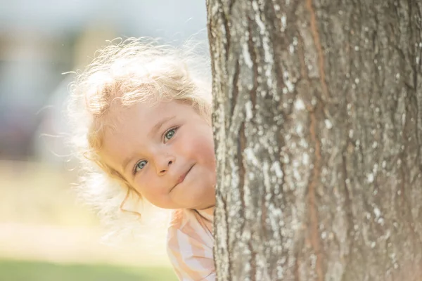 Cute Little Boy Curly Blonde Hair Play Hide Seek — Zdjęcie stockowe