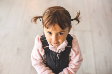 Küçük ve güzel bir kızın portresi, şirin örgülü saçlarıyla.