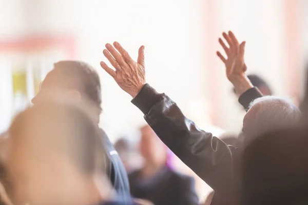 Elder Man Rise His Hand While Praise God Church Service — стоковое фото