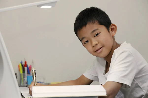 Studying Japanese Boy Dining Room Fifth Grade Elementary School — Foto Stock